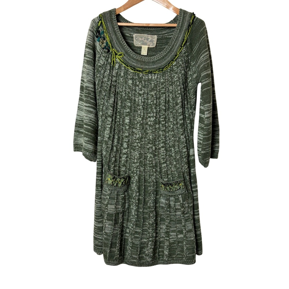 Nick & Me Green Space Dye Knit Tunic Sweater Dress Embroidered Floral Pockets M
